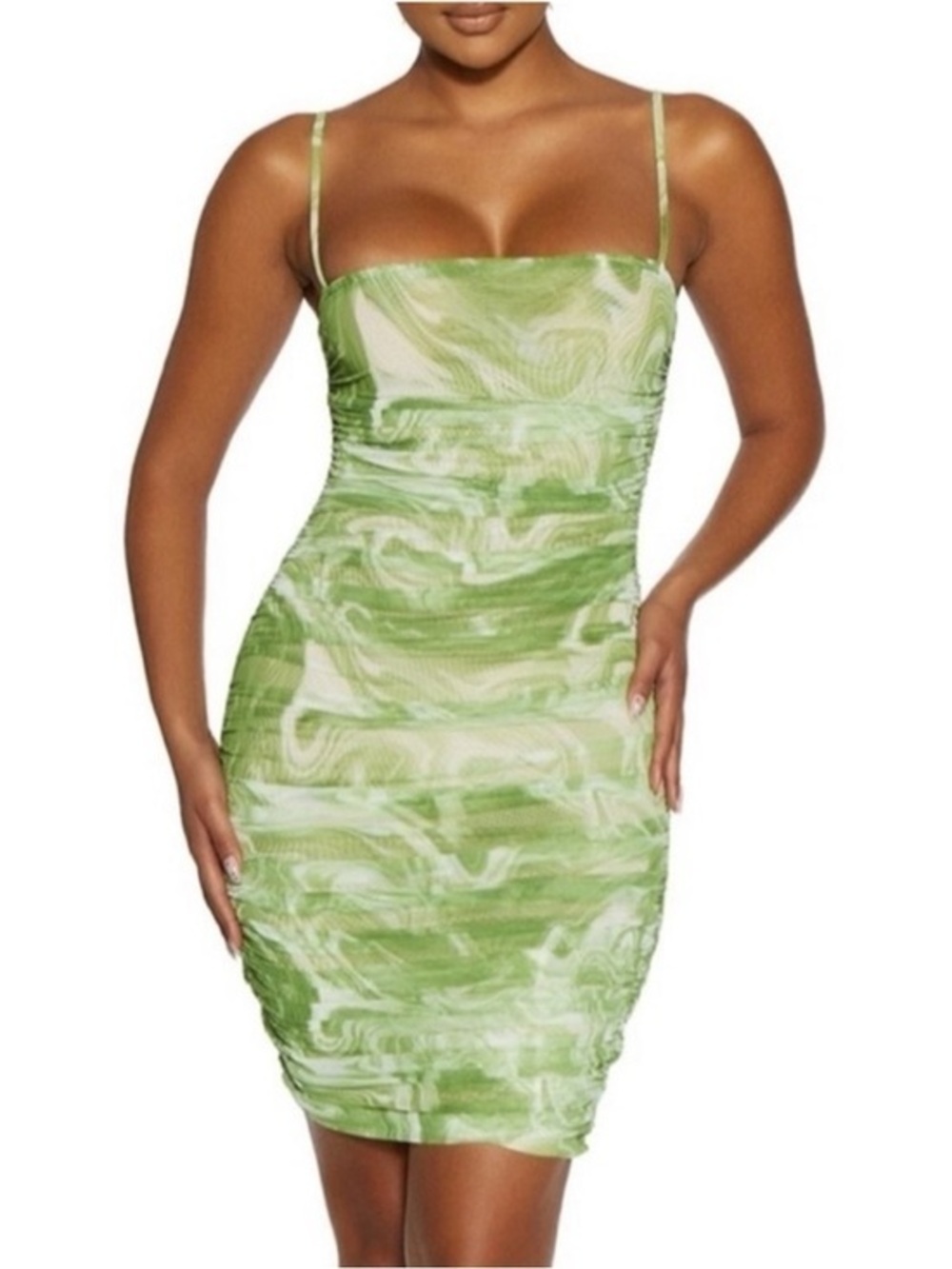 naked wardrobe Green Marble-Print Ruched Slip Mini Dress